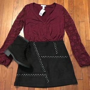 Forever 21 Maroon Body Suit with Lace Sleeves